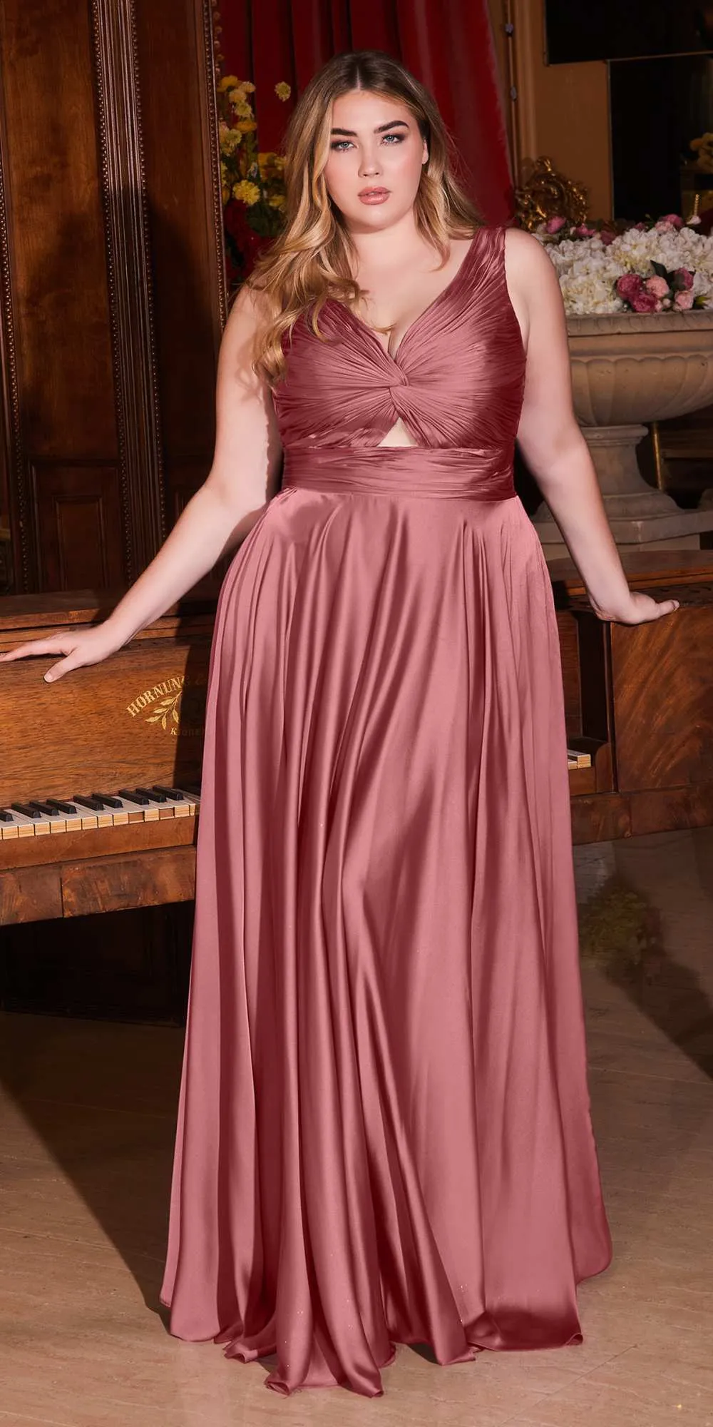 Ladivine 7497 Long A-Line Satin Keyhole Twisted Bodice Formal Gown