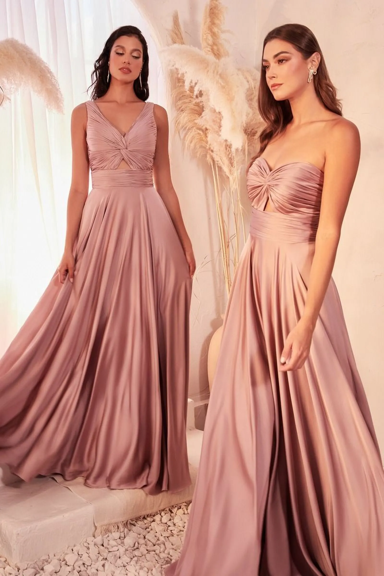 Ladivine 7497 Long A-Line Satin Keyhole Twisted Bodice Formal Gown