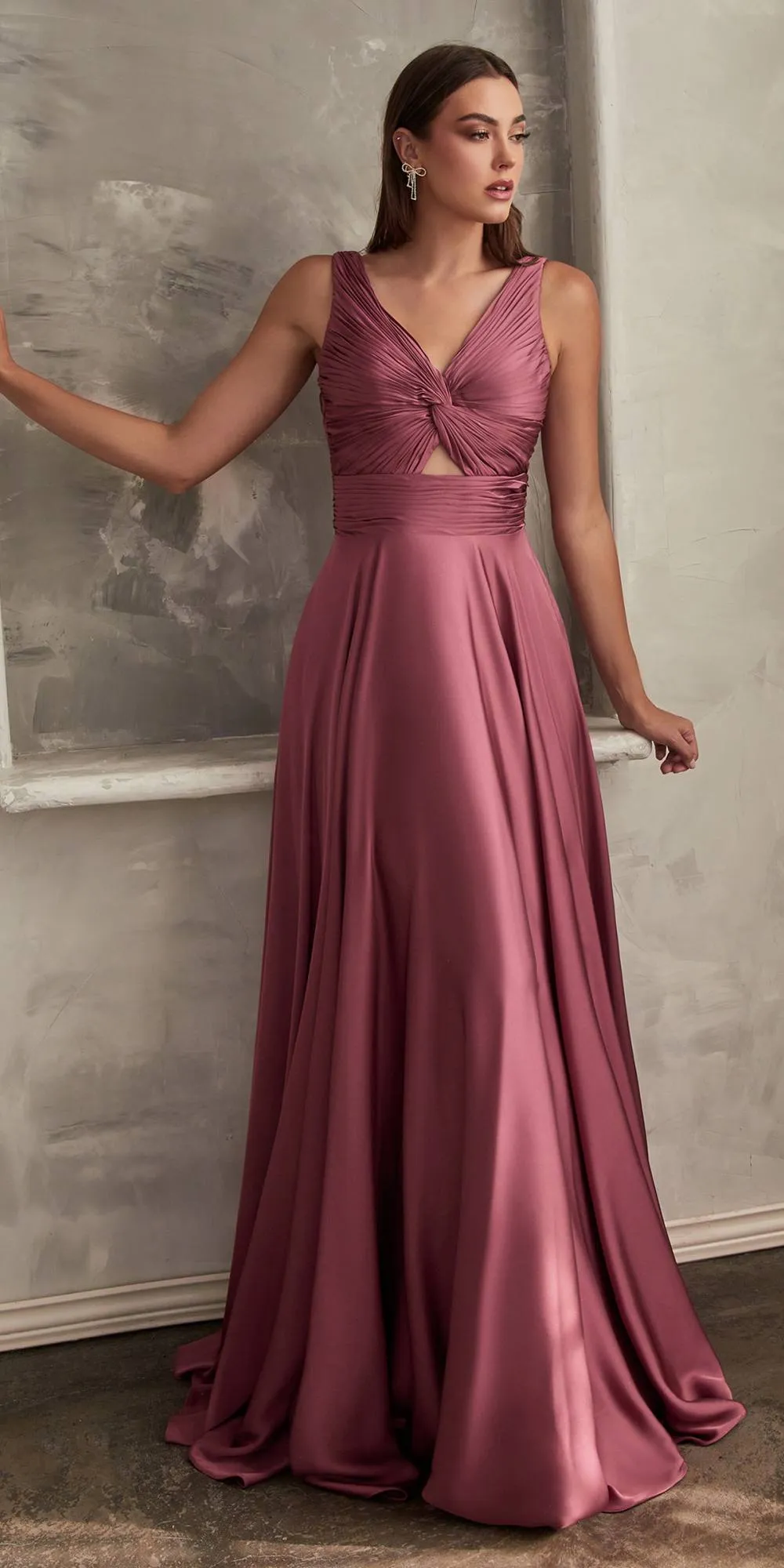 Ladivine 7497 Long A-Line Satin Keyhole Twisted Bodice Formal Gown