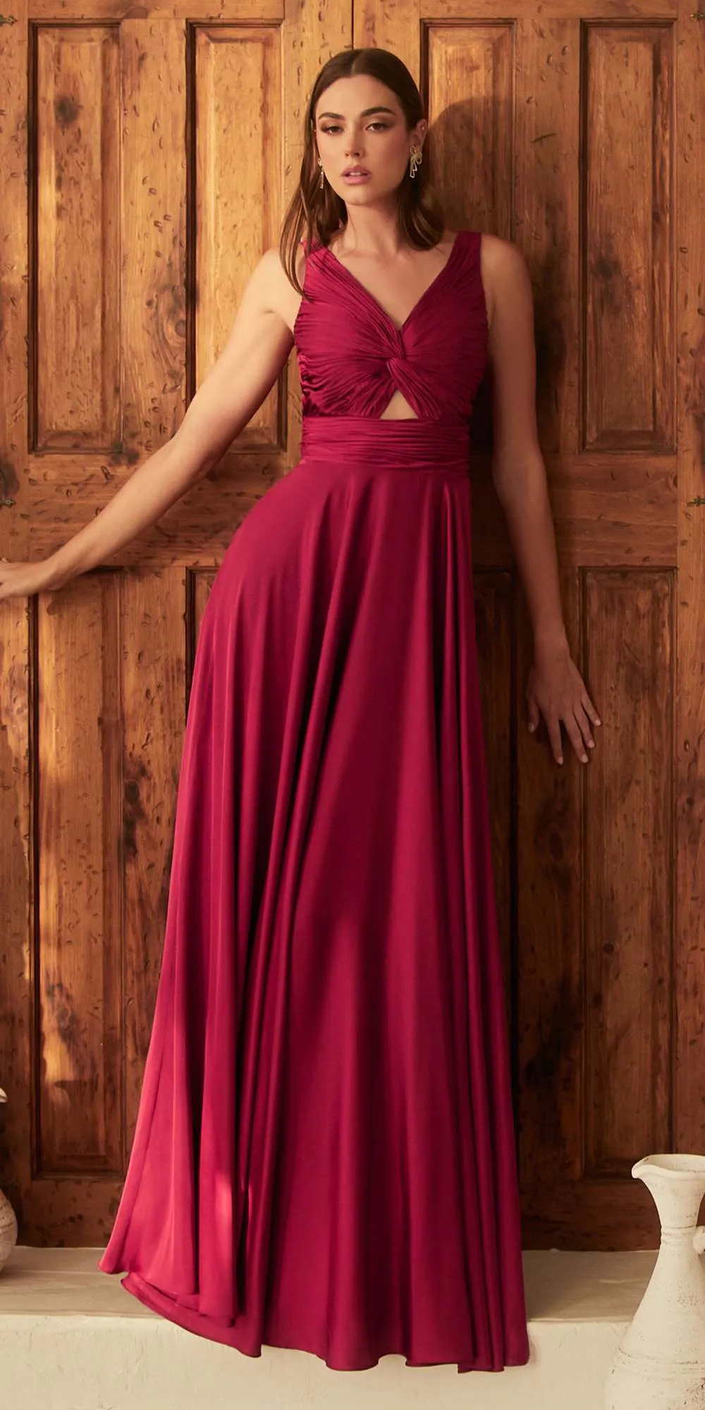 Ladivine 7497 Long A-Line Satin Keyhole Twisted Bodice Formal Gown