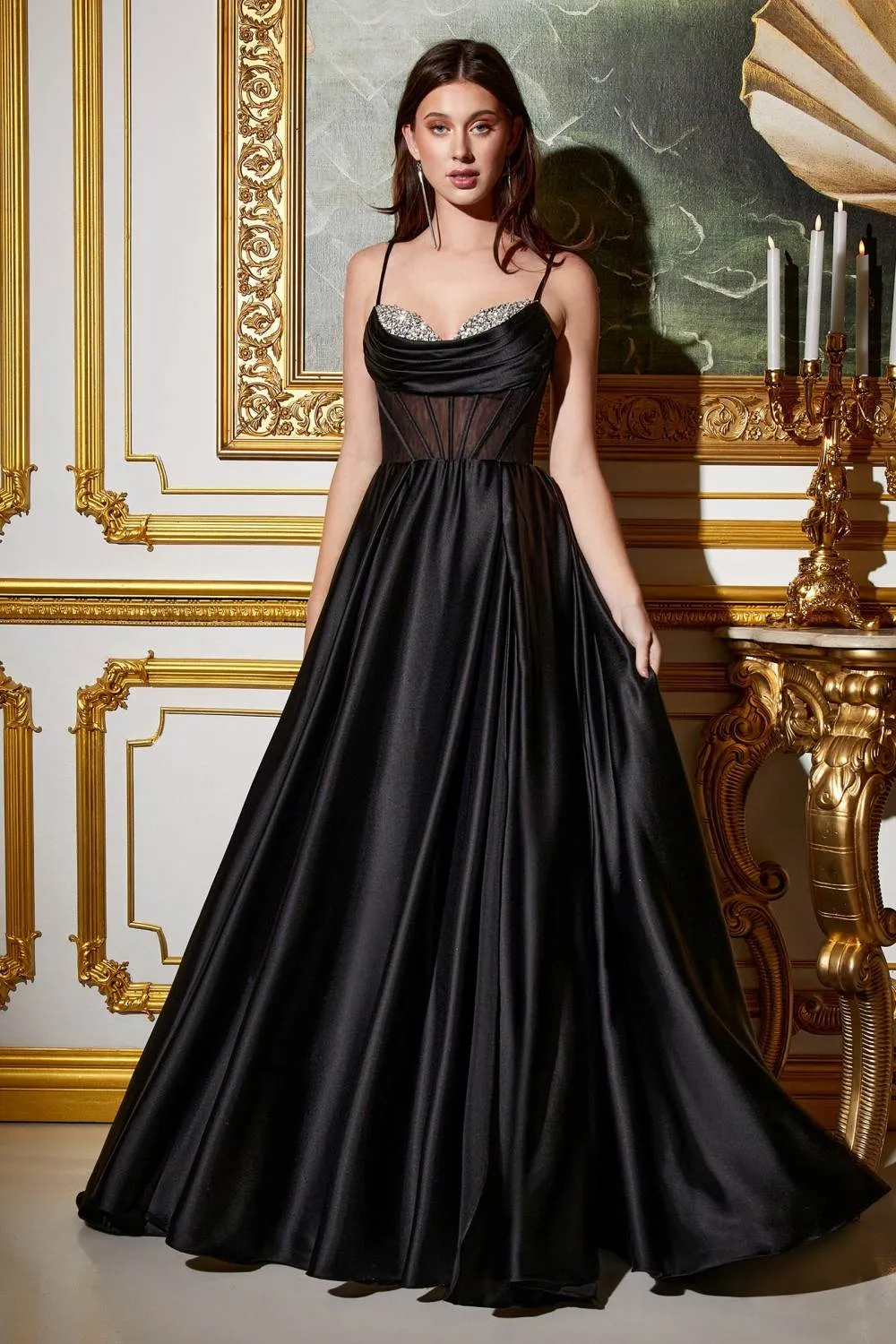 Ladivine CD276 Corset Satin A-Line Gown with Bust Embellishment