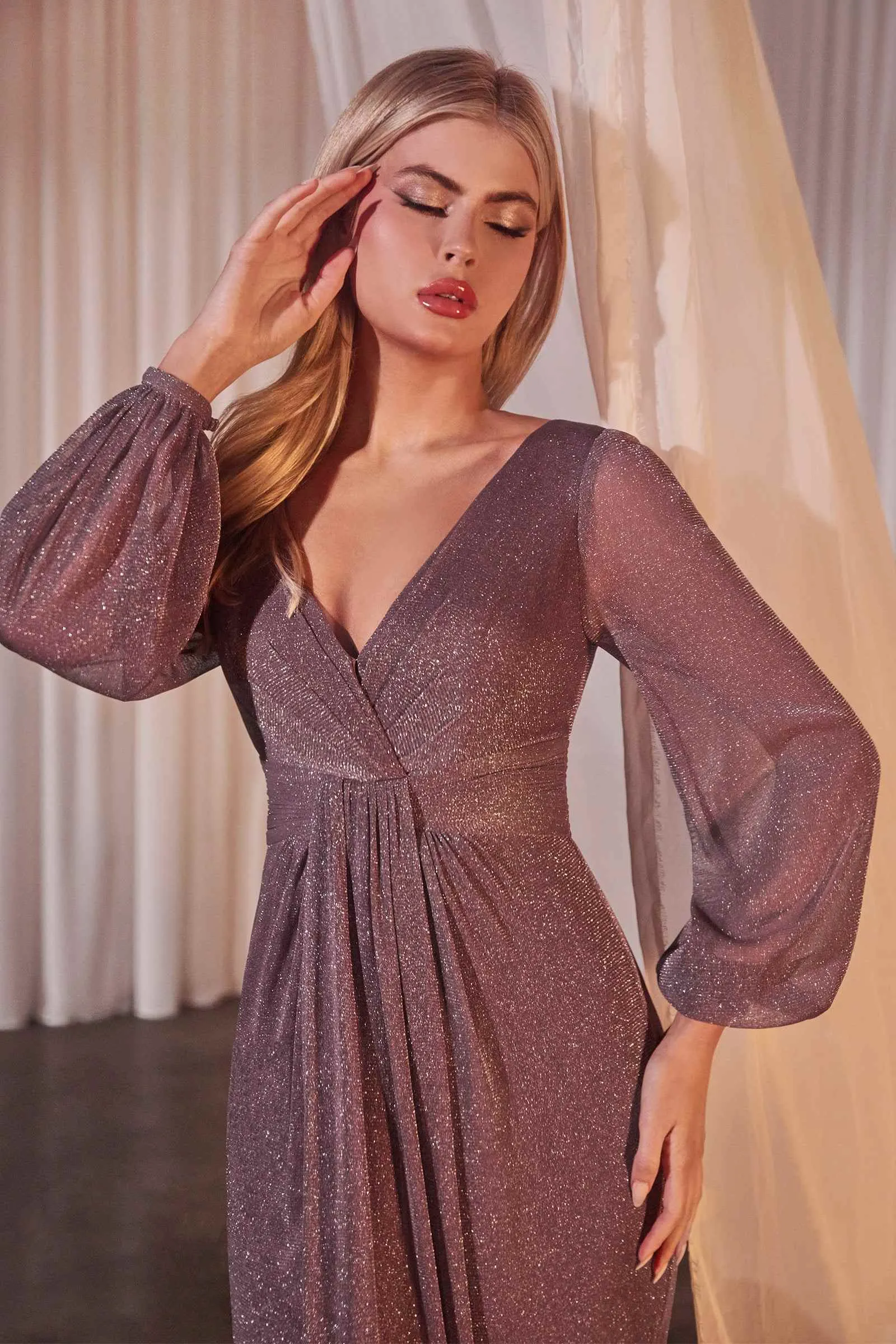 Ladivine CK2141 Long Sleeve Sheath Draped Dress
