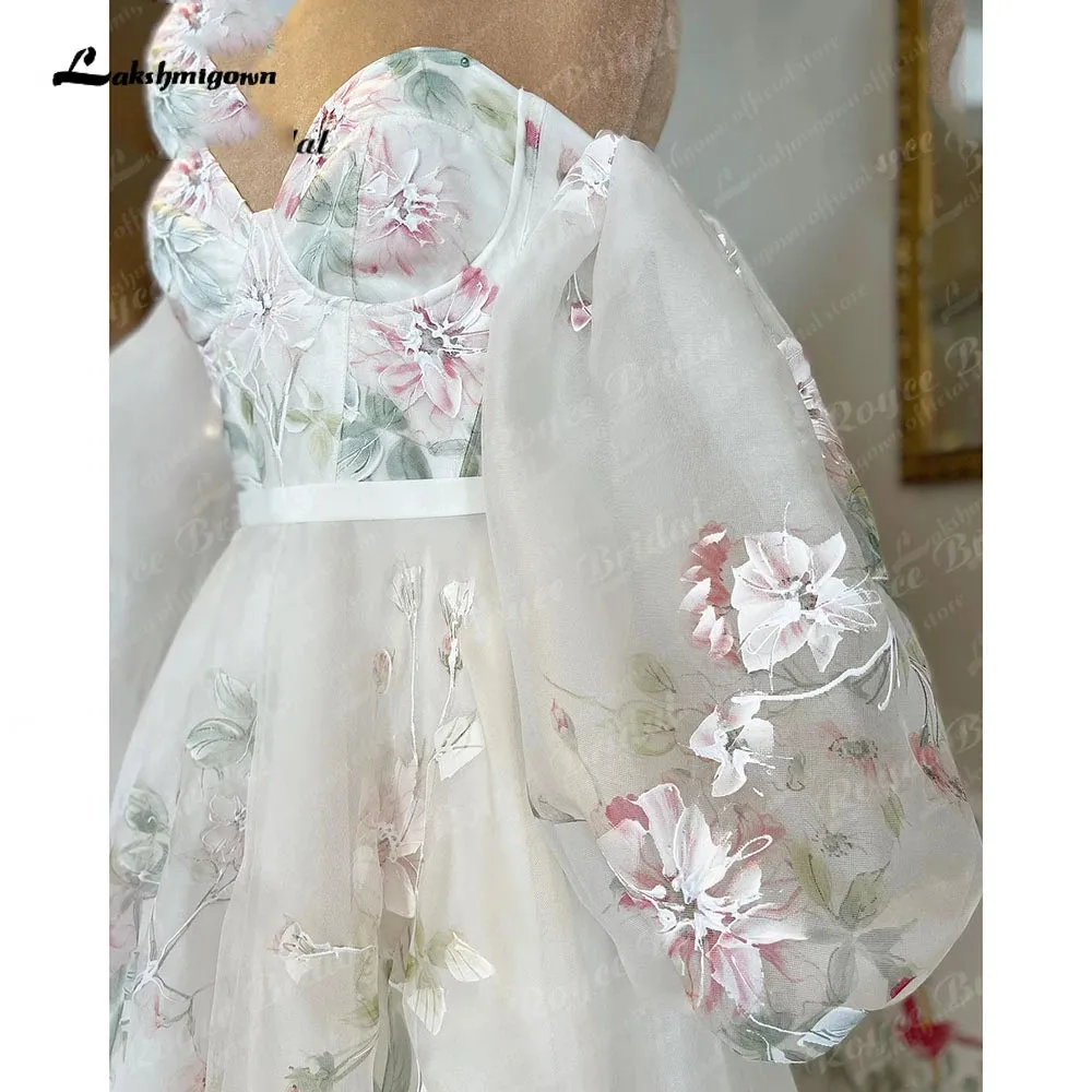Lakshmigown Off Shoulder Princess Sweetheart Print Flower Wedding Dress with Detachable Long Puff Sleeve Wedding Party Dress