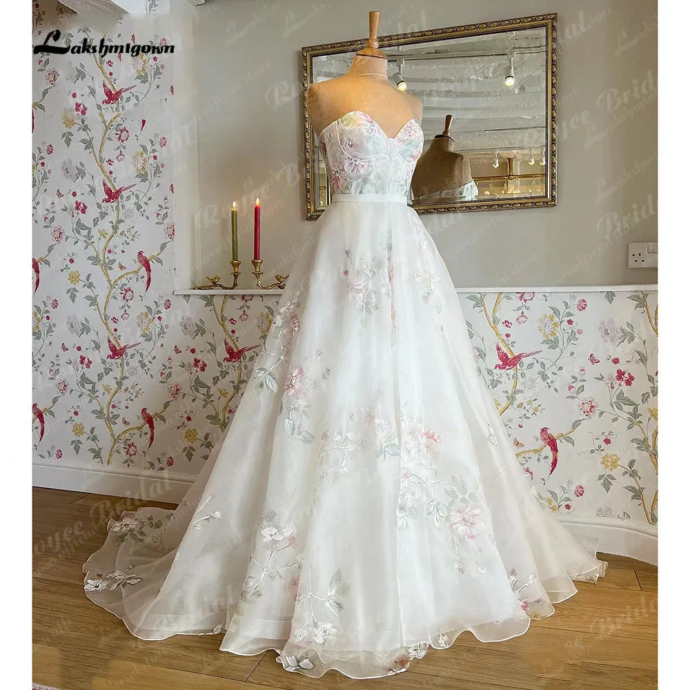 Lakshmigown Off Shoulder Princess Sweetheart Print Flower Wedding Dress with Detachable Long Puff Sleeve Wedding Party Dress