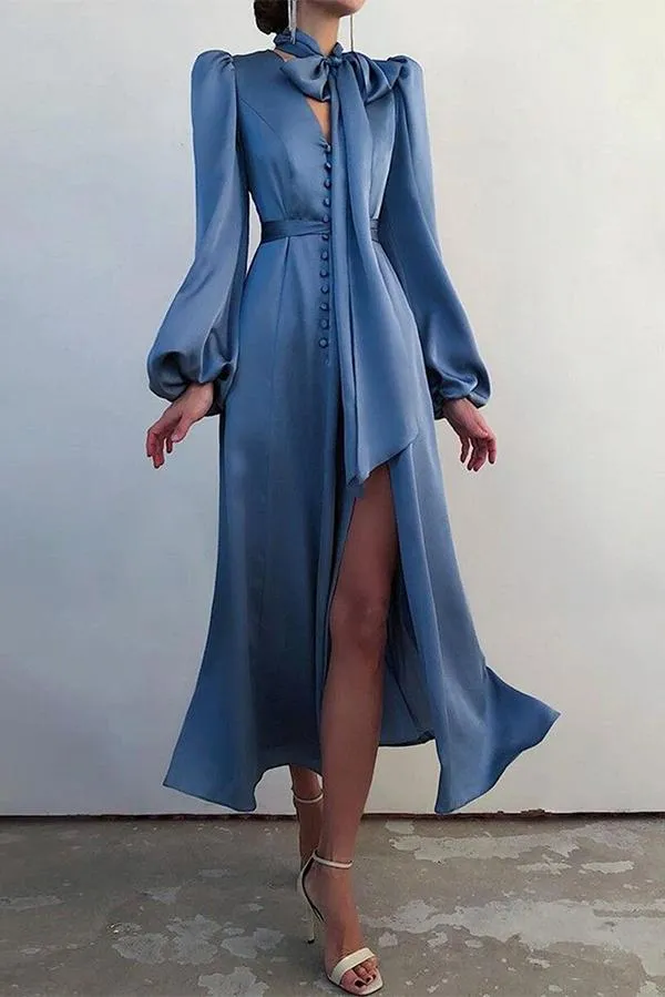 Lantern Sleeves with Waist Slits Slim Dress
