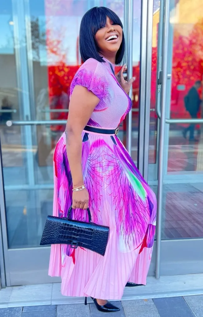Latanya Pleats- Floral Tshirt and LONG Pleated Skirt Set PINK (New)