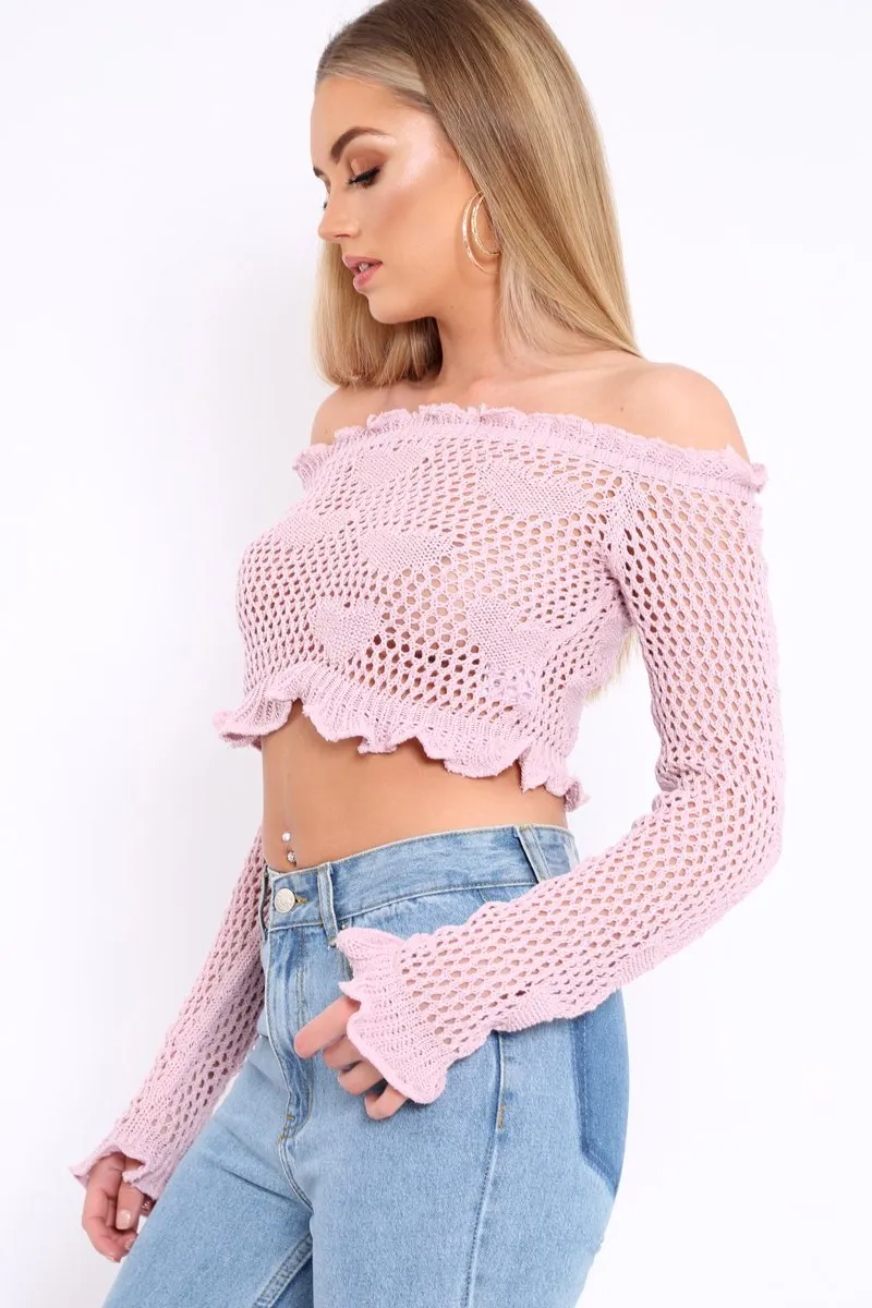 Lilac Bardot Ruffle Hem Crochet Top - Byrdie