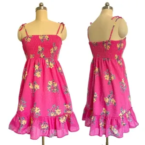 Lilly Pulitzer Pink Floral Cotton Polka dot cinched Baby doll Dress ruffles L