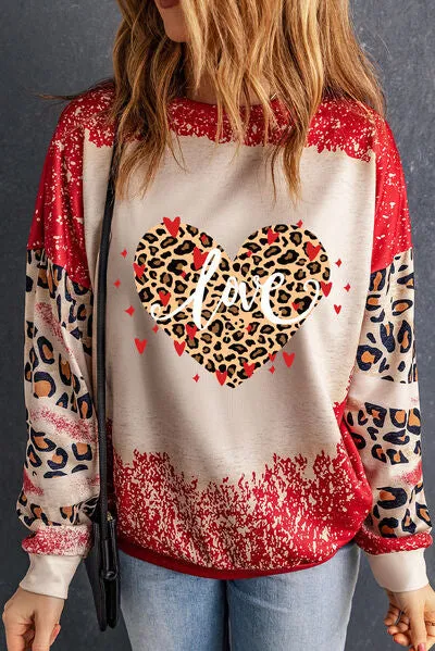 LOVE Heart Leopard Round Neck Sweatshirt
