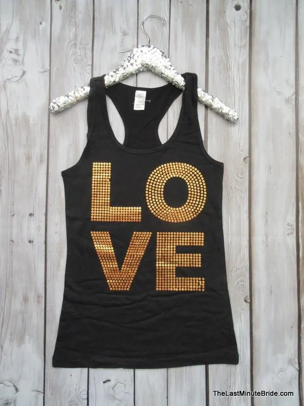 Love Sequin Racerback Tank Top - Black & Gold