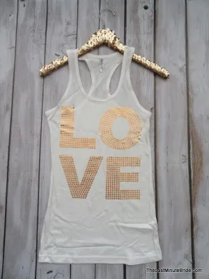Love Sequin Racerback Tank Top - White & Gold