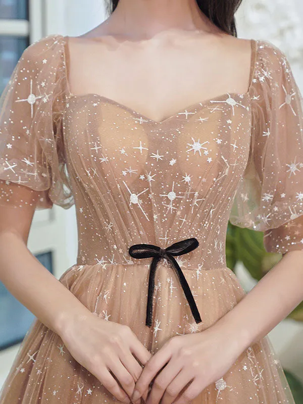 Lovely Champagne Sweetheart Tulle Party Dresses, A-line Tulle Prom Dress