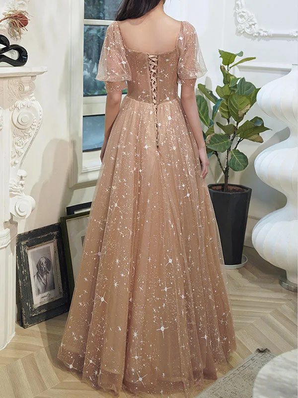 Lovely Champagne Sweetheart Tulle Party Dresses, A-line Tulle Prom Dress