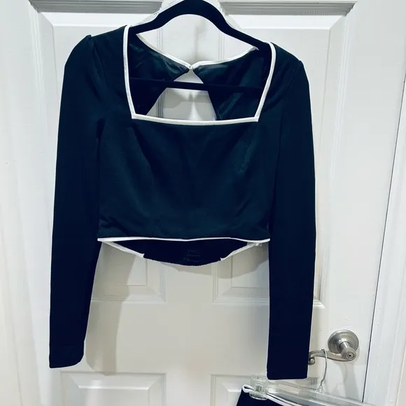 Lulus Black Color Block Cutout Long Sleeve Crop Top &amp; Mini Skirt Set Size Small
