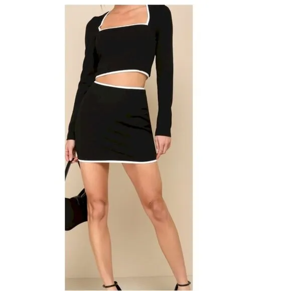 Lulus Black Color Block Cutout Long Sleeve Crop Top &amp; Mini Skirt Set Size Small