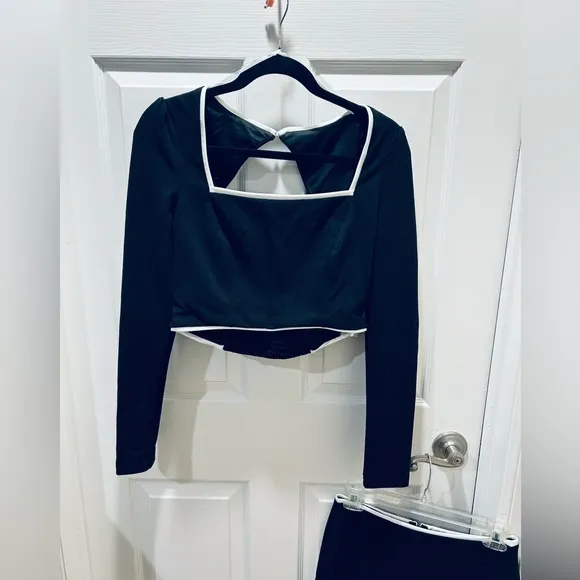 Lulus Black Color Block Cutout Long Sleeve Crop Top &amp; Mini Skirt Set Size Small