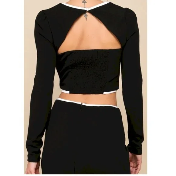 Lulus Black Color Block Cutout Long Sleeve Crop Top &amp; Mini Skirt Set Size Small