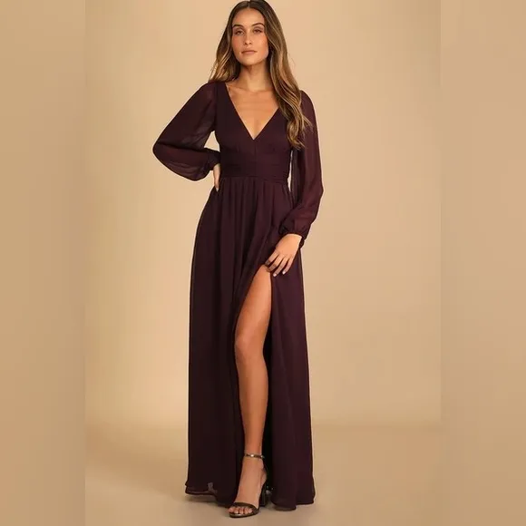 Lulus Enchant My Love Dark Purple V Neck Long Sleeve Maxi Dress Size Medium