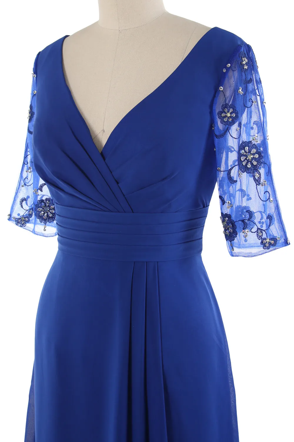 MACloth Women Half Sleeves Long Mother of The Bride Dress V Neck Formal Gown