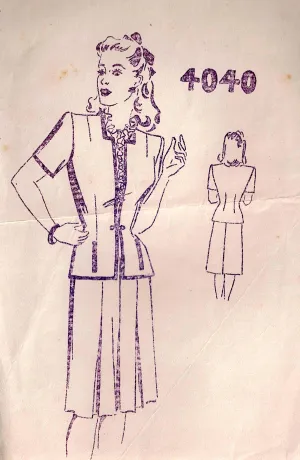 Mail Order 4040 Womens Square Neck Short Sleeved Jacket & Front Pleated Skirt 1940s Vintage Sewing Pattern Bust 34 inches LIMITED INSTRUCTIONS
