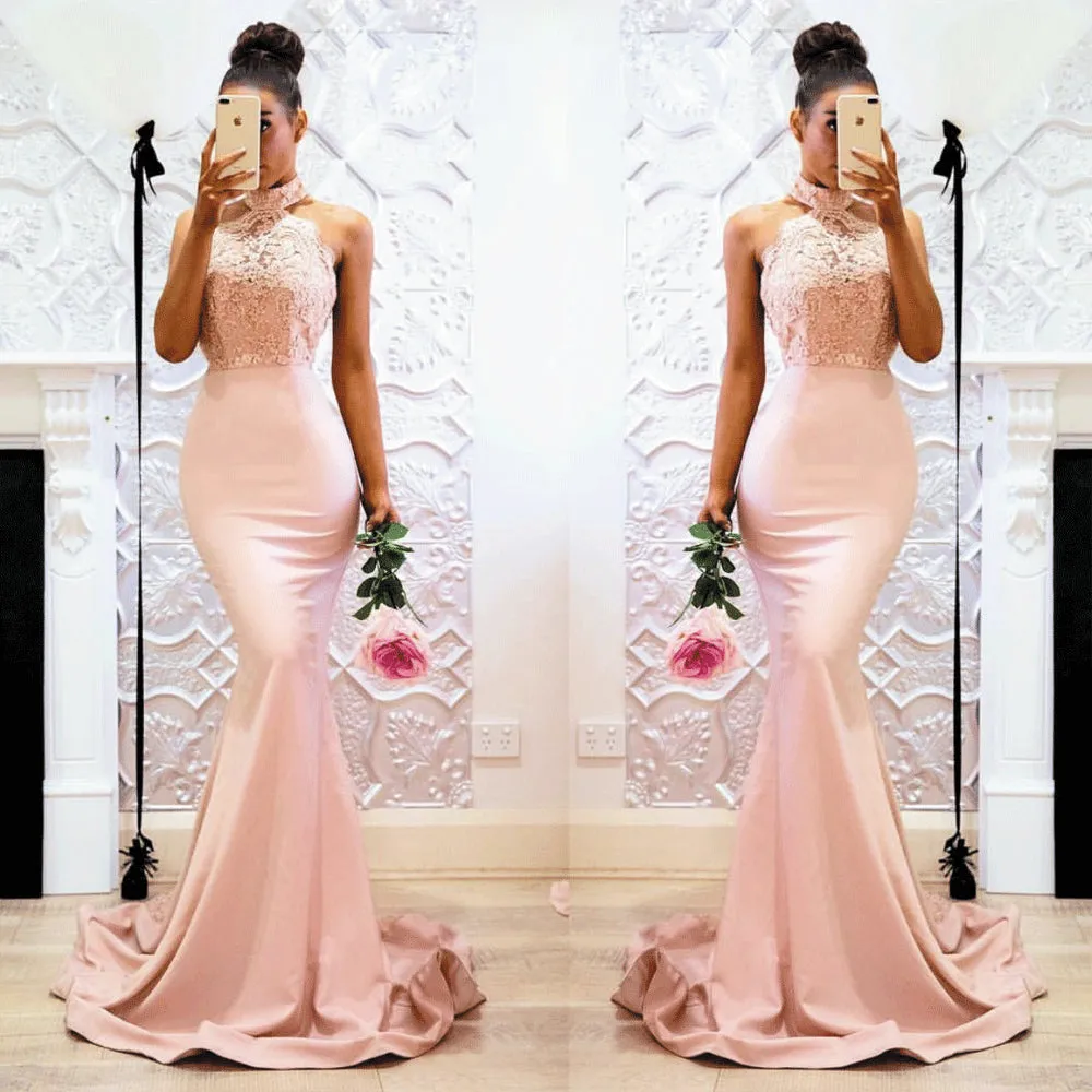 mermaid bridesmaid dresses long pink lace appliqué beaded halter cheap wedding party dresses vestido de festa