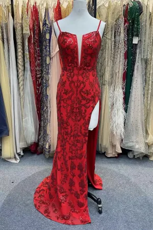 Mermaid Straps Deep V-neck Long Prom Dress with Slit