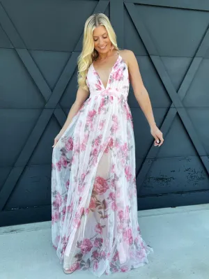Mesh Floral Maxi Dress In Pink