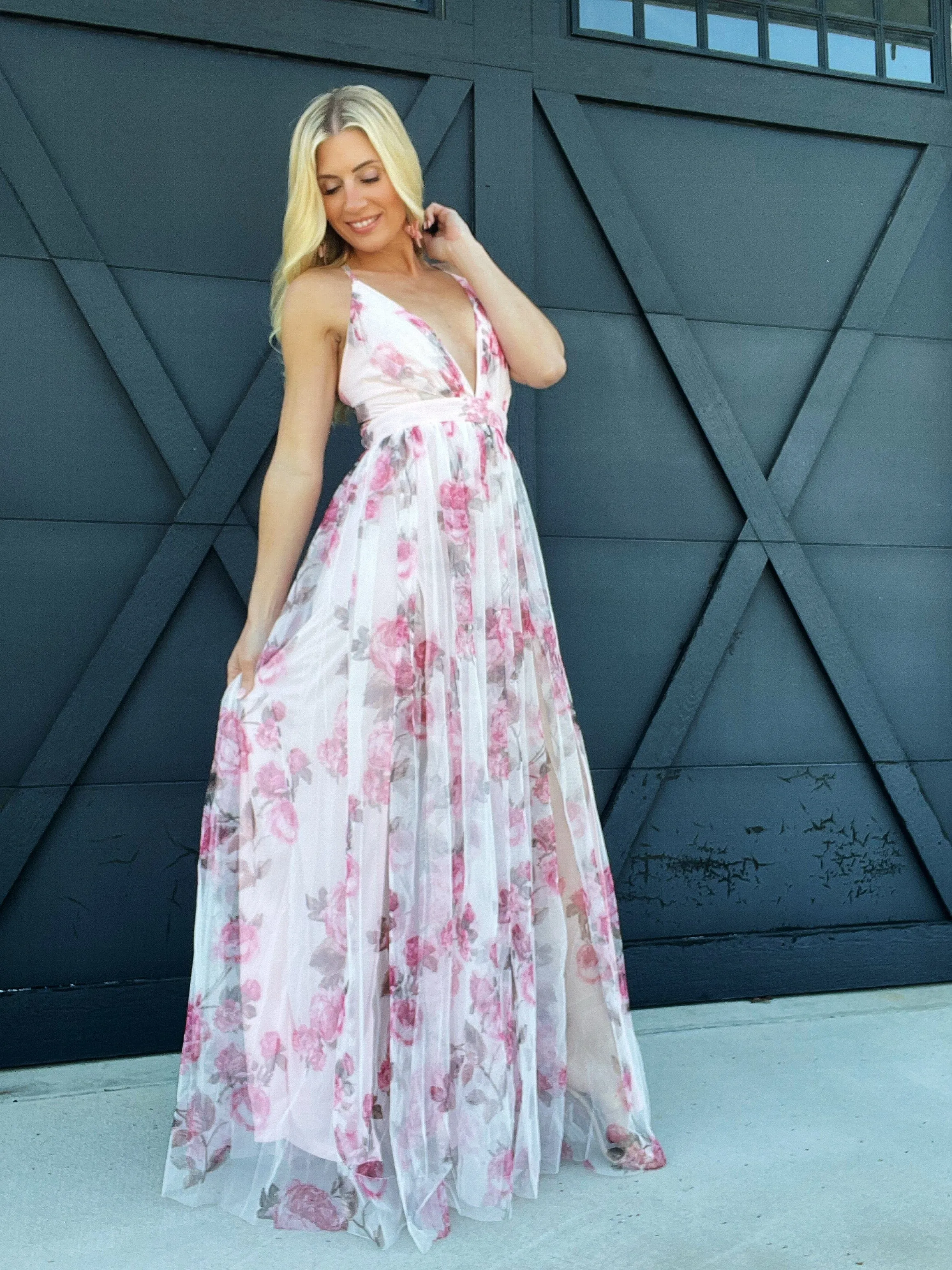 Mesh Floral Maxi Dress In Pink