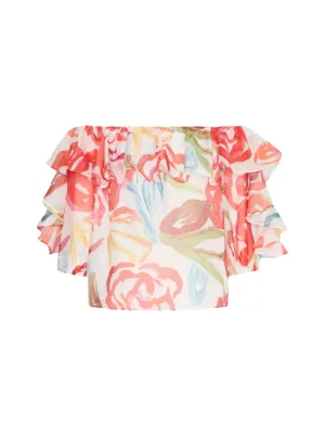 Milly Floraison Rouge Organza Ruffle Top in Red Multi