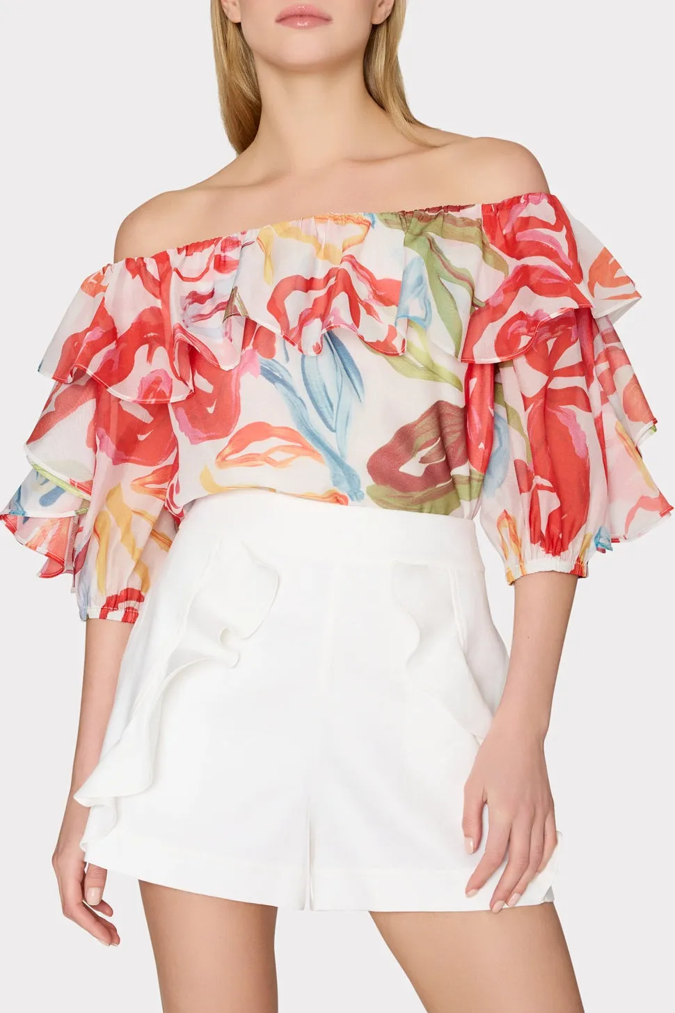 Milly Floraison Rouge Organza Ruffle Top in Red Multi
