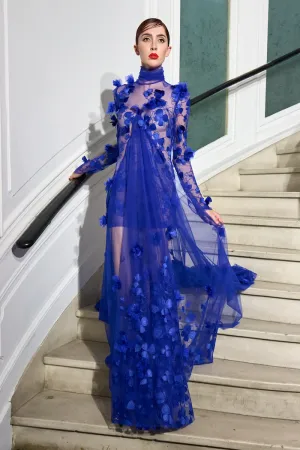 Mock Neck Cobalt Petal Appliqué Gown