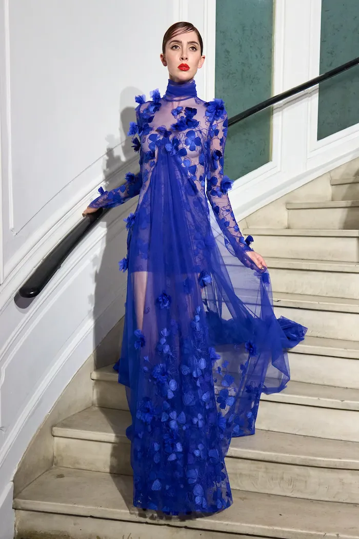 Mock Neck Cobalt Petal Appliqué Gown