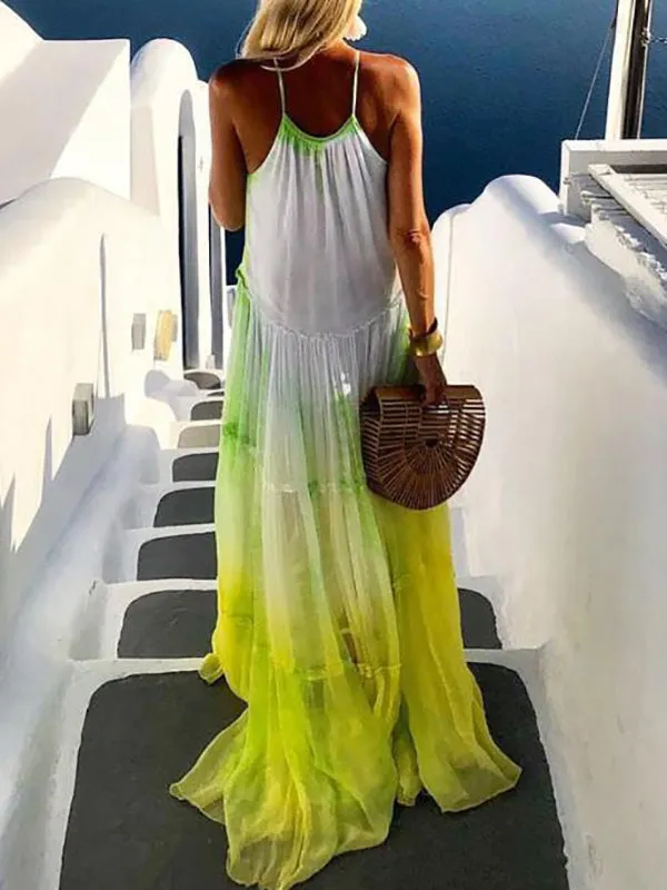 Momnfancy Yellow Pleated Halter Neck Tie Dye Photoshoot Bohemain Fairy Maternity Maxi Dress