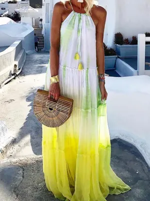 Momnfancy Yellow Pleated Halter Neck Tie Dye Photoshoot Bohemain Fairy Maternity Maxi Dress
