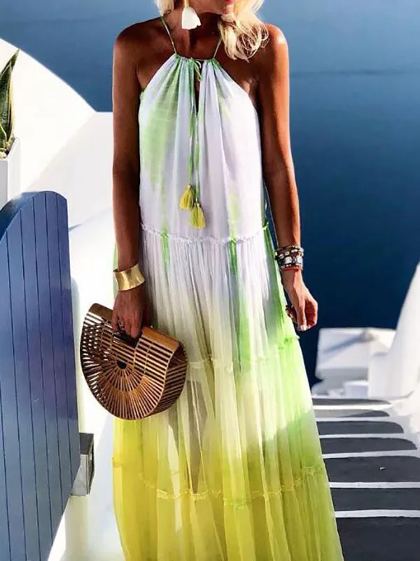Momnfancy Yellow Pleated Halter Neck Tie Dye Photoshoot Bohemain Fairy Maternity Maxi Dress
