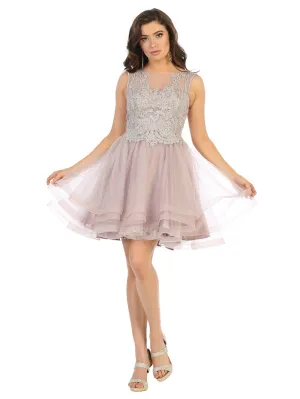 MQ 1681 - Short A-Line Homecoming Dress with Lace Embellished Illusion High Neck Bodice & Tulle Ruffle Skirt