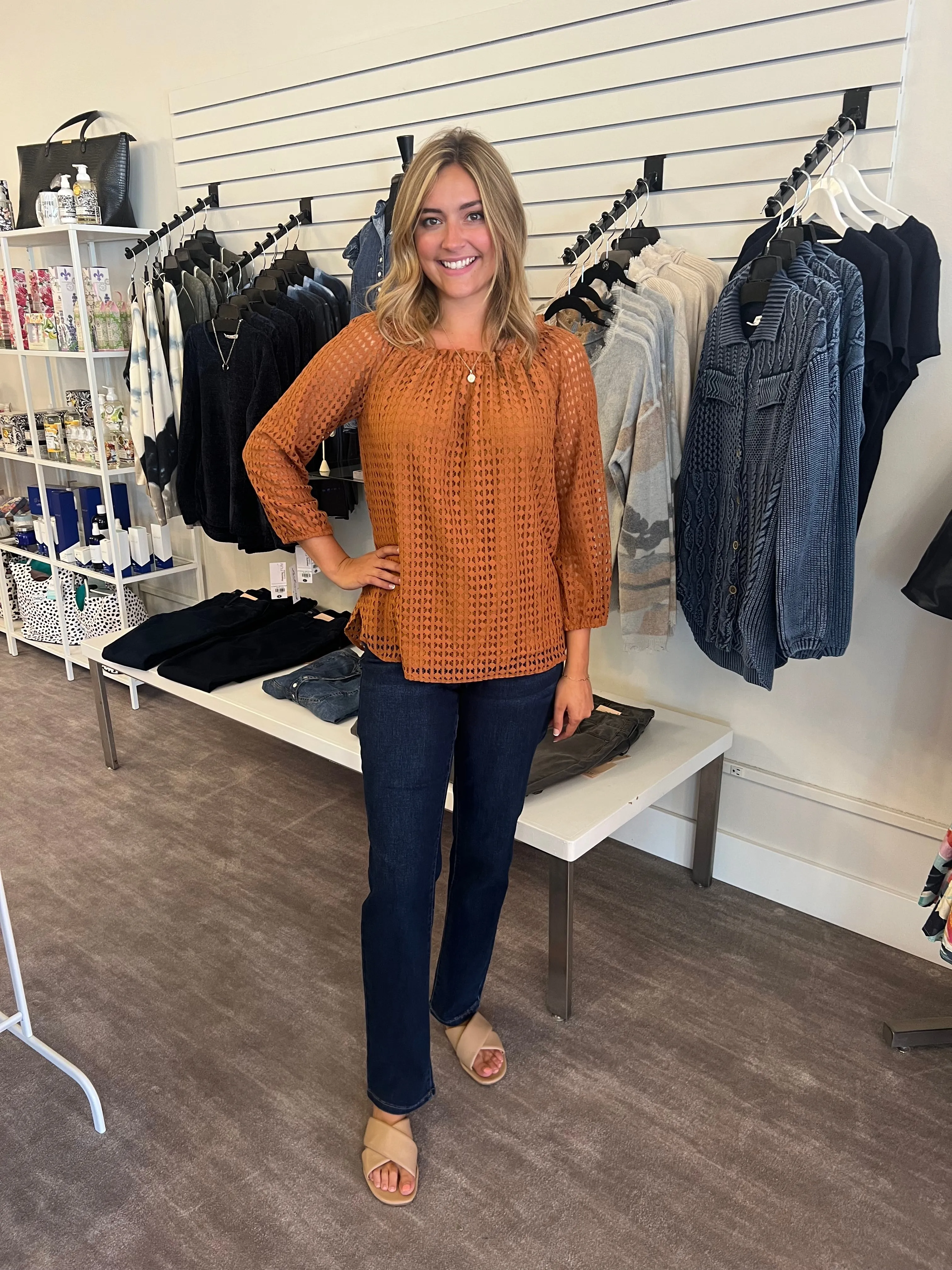 Multiples Rich Tobacco Off Shoulder Peasant Top