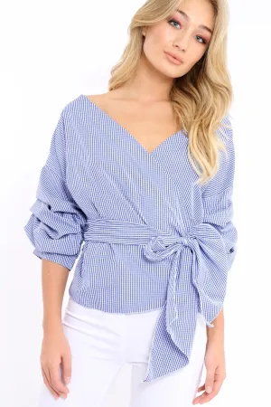 Navy Gingham Ruffle Sleeve Wrapover Top - Susie
