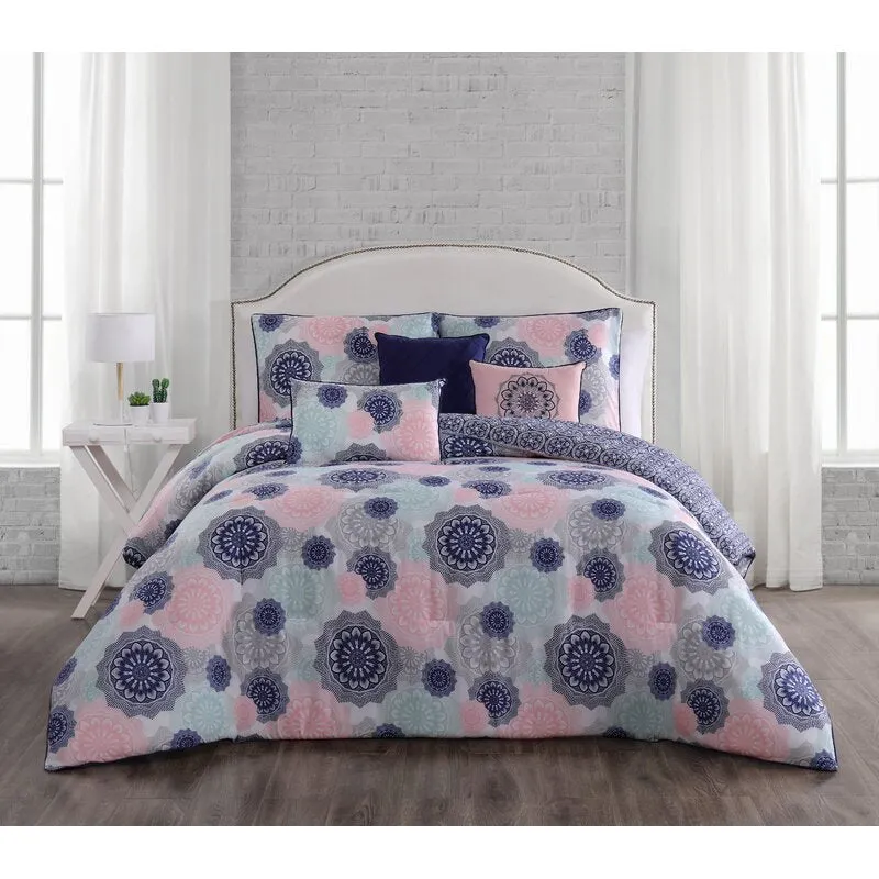 New bed in a bag! Wayfair Lorna 5-Piece Navy/Blush Twin Reversible Comforter Set! Retails $140 