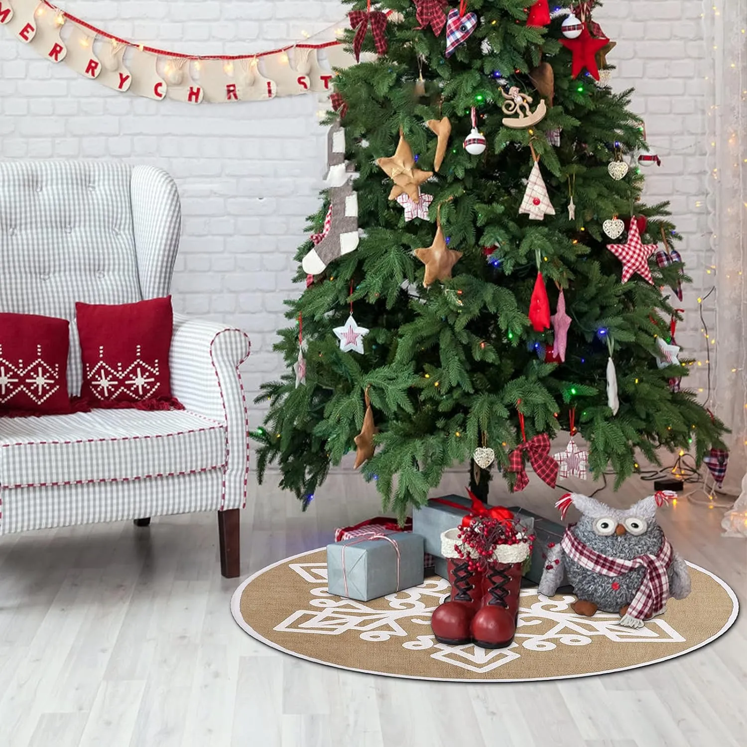 NEW HOHOTIME Burlap Christmas Tree Skirt with White Snowflake Printed, 30 Inch Red Tree Skirt Mat for Xmas Holiday Party Supplies Large Tree Mat for Holiday Christmas Decorations (Khaki)