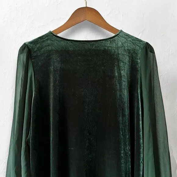 New Vince Camuto Velvet Emerald Green Sheer Balloon Long Sleeve Dress Size 2X
