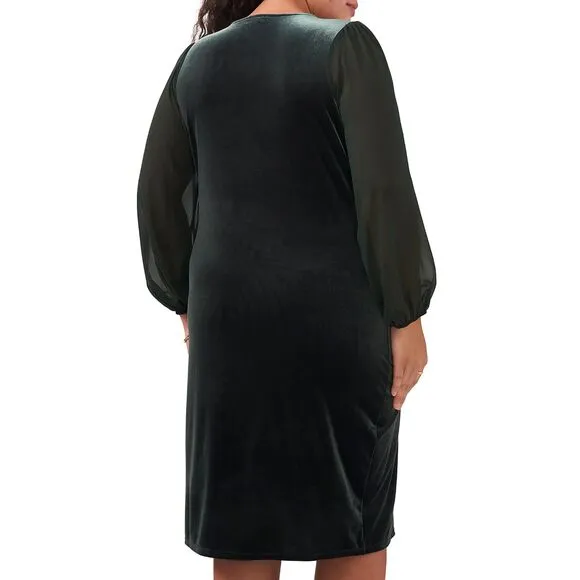 New Vince Camuto Velvet Emerald Green Sheer Balloon Long Sleeve Dress Size 2X