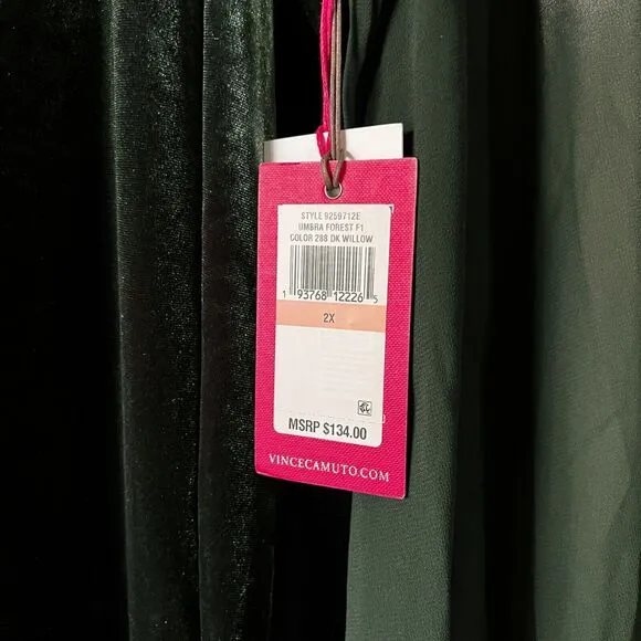 New Vince Camuto Velvet Emerald Green Sheer Balloon Long Sleeve Dress Size 2X