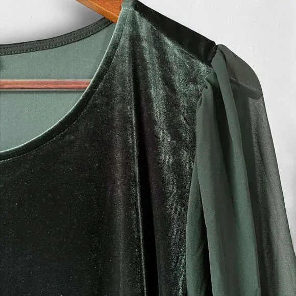 New Vince Camuto Velvet Emerald Green Sheer Balloon Long Sleeve Dress Size 2X