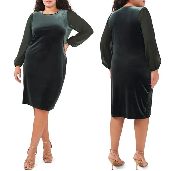New Vince Camuto Velvet Emerald Green Sheer Balloon Long Sleeve Dress Size 2X