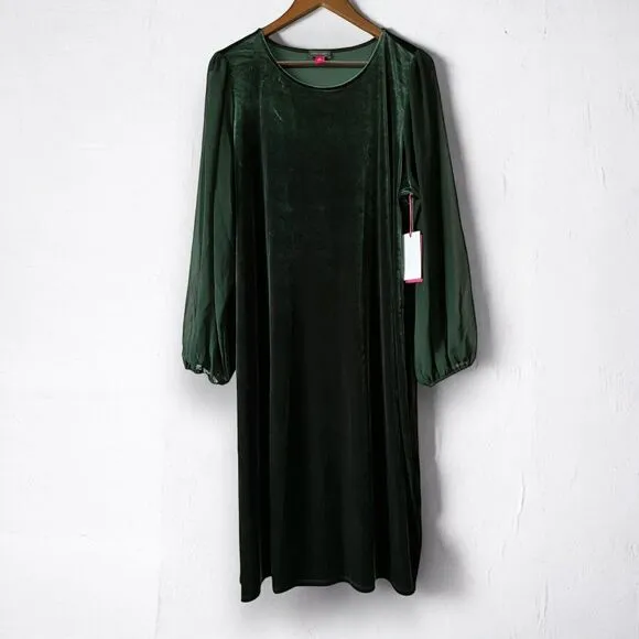 New Vince Camuto Velvet Emerald Green Sheer Balloon Long Sleeve Dress Size 2X
