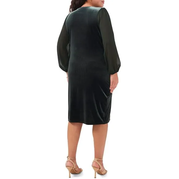 New Vince Camuto Velvet Emerald Green Sheer Balloon Long Sleeve Dress Size 2X