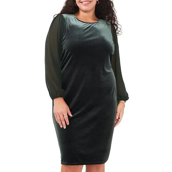 New Vince Camuto Velvet Emerald Green Sheer Balloon Long Sleeve Dress Size 2X
