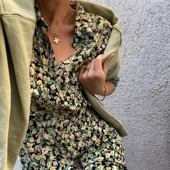 NEW Zara Floral Green Print Dress Size L