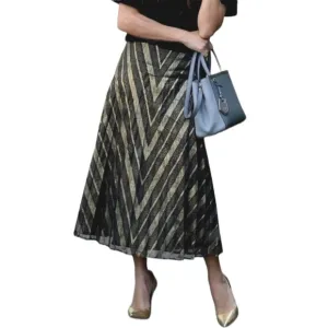 New Zara Metallic Chevron Stripe Pleated Midi Skirt Black/Gold Sz S